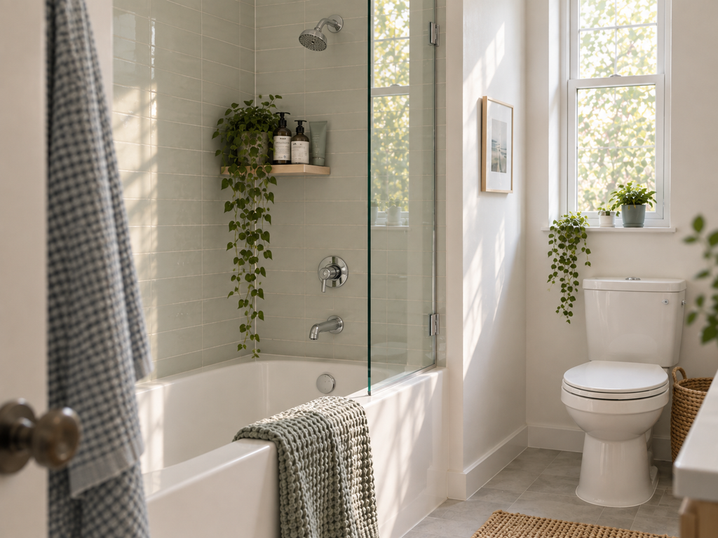 Freshly reset apartment shower with a few everyday bath products, clean glass, muted tile and a simple organized shelf.