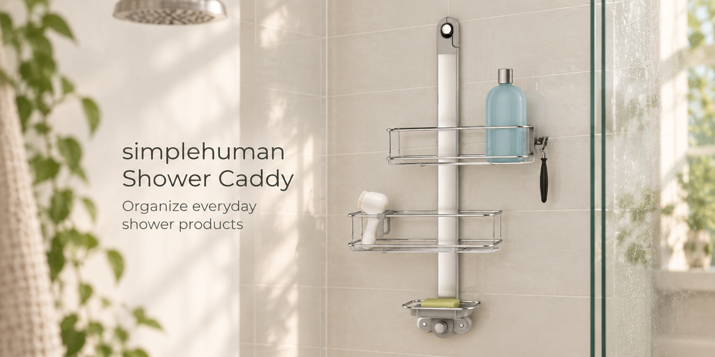 Simplehuman adjustable shower caddy installed against pale bathroom tile with a few everyday shower products.