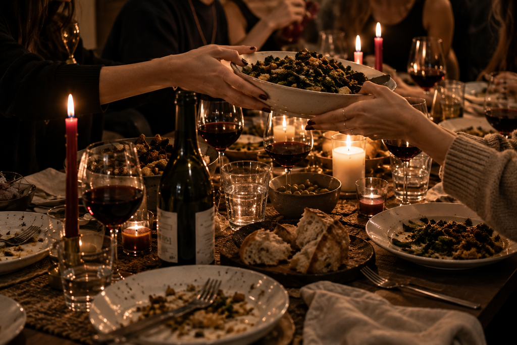 Hands passing a shared serving dish across a candlelit dinner table with wine and simple fall food.