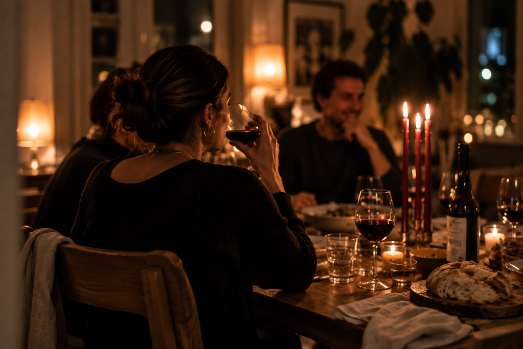 Host sitting at the dinner table with a glass of wine while talking with friends during a relaxed gathering.