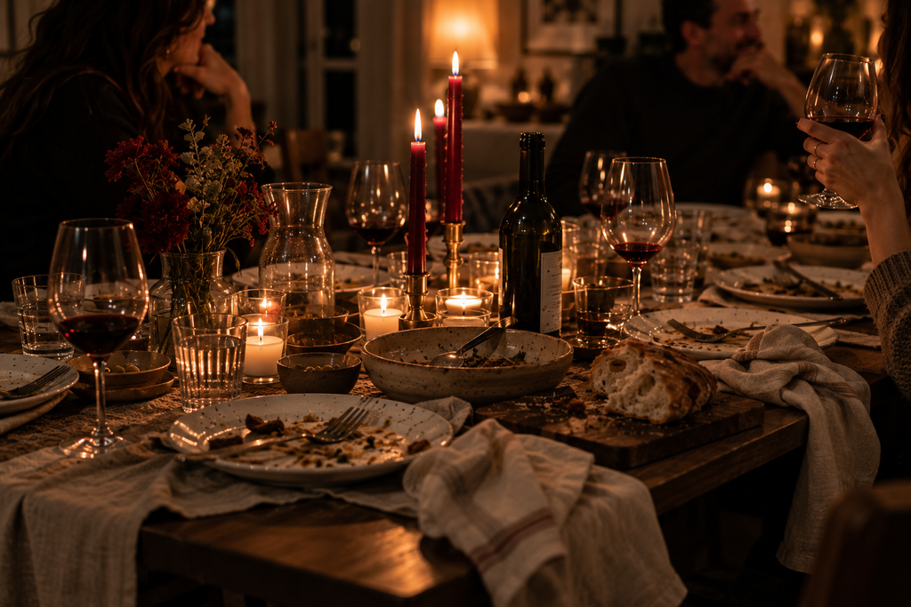 Used plates, wine glasses and candles left on a dinner table after a relaxed evening with friends.