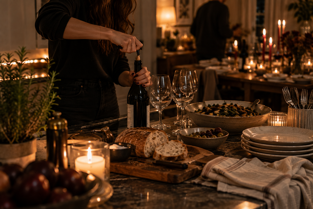 Woman opening a bottle of wine in a warm kitchen before guests sit down to dinner.