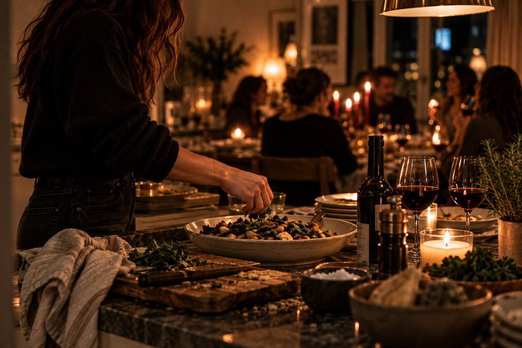 Woman finishing a shared dish in a warmly lit kitchen before joining dinner guests at the table.